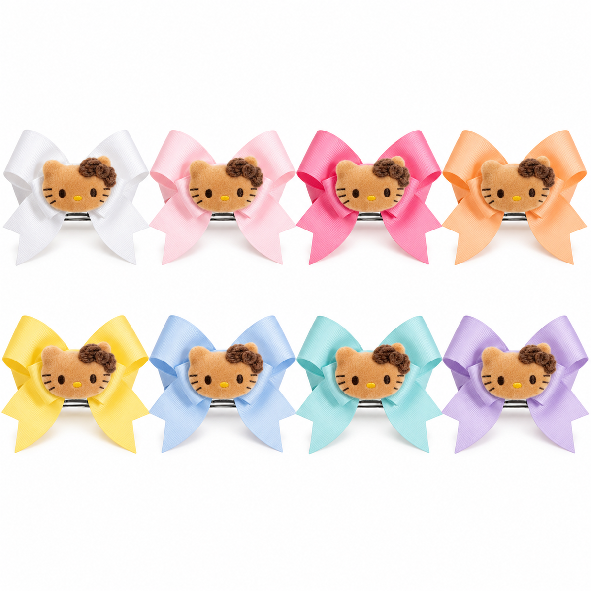 Eight plush kitty bow hair clip color options: White, Light Pink, Dark Pink, Peach, Yellow, Baby Blue, Light Teal and Lavender; sold individually
