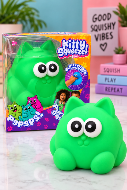 Green Kitty Squeeze sensory toy outside package with retail box