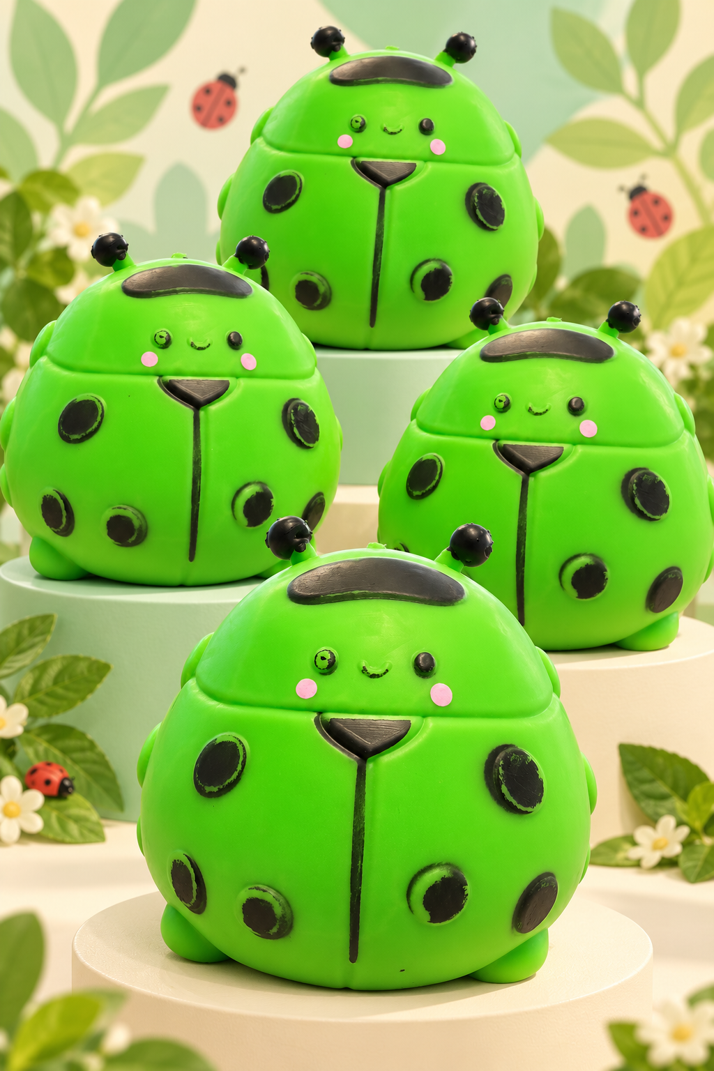 Four unboxed jumbo green ladybug squishies on a tiered garden display; sold individually.