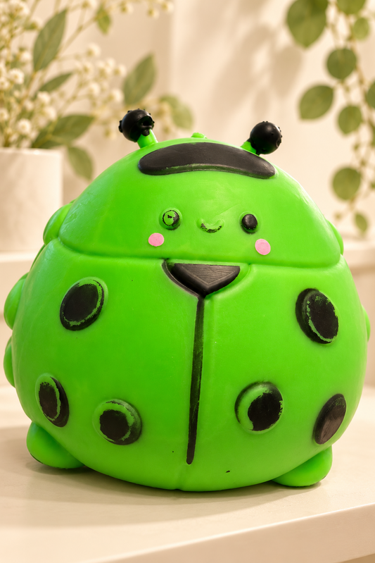 Jumbo green ladybug squishy with black spots and pink cheeks on a light botanical display.