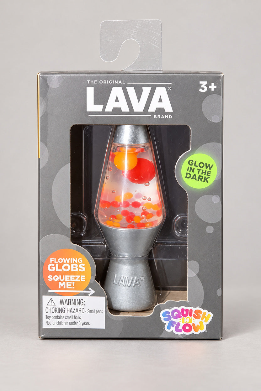 Boxed LAVA Brand Squish ’N Flow toy with orange and red globules, front view