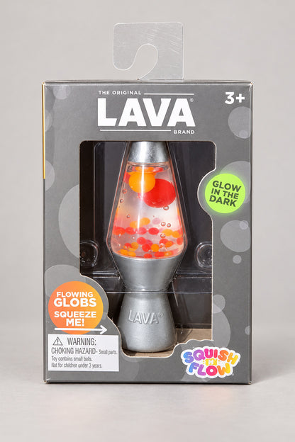 Boxed LAVA Brand Squish ’N Flow toy with orange and red globules, front view