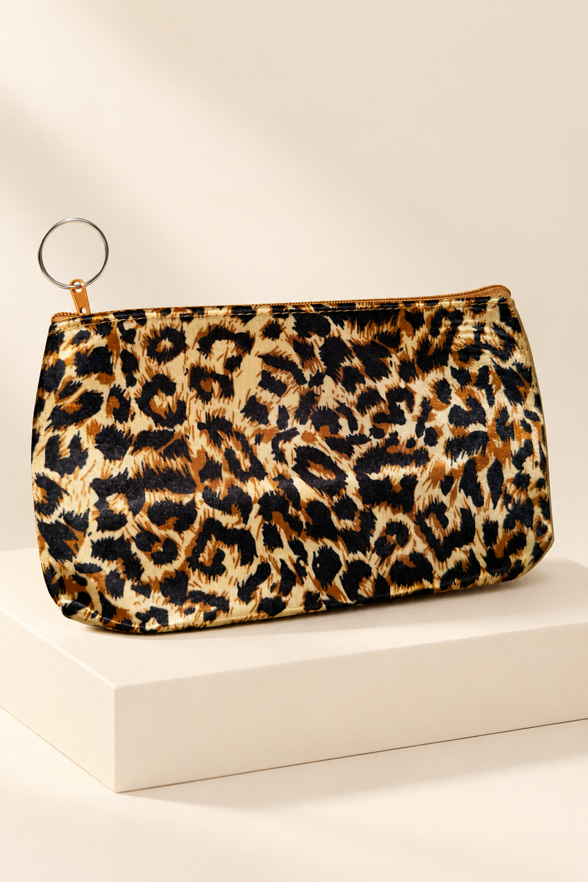 Gold/Black leopard-print makeup bag shown unpackaged on a cream boutique display riser
