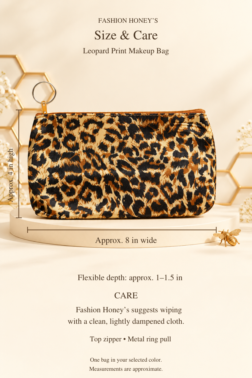 Bee-themed size and care guide for leopard-print makeup bag: approximately 8 inches wide by 4 inches high, flexible depth 1 to 1.5 inches; wipe with a clean, lightly dampened cloth