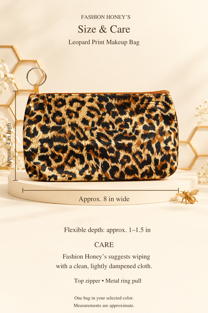 Bee-themed size and care guide for leopard-print makeup bag: approximately 8 inches wide by 4 inches high, flexible depth 1 to 1.5 inches; wipe with a clean, lightly dampened cloth