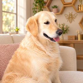 Macy, Fashion Honey’s golden retriever, relaxing on a cream sofa in a cozy hive-themed office.
