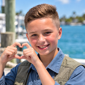 Major, Fashion Honey’s young fishing curator, smiling and making a heart with his hands.