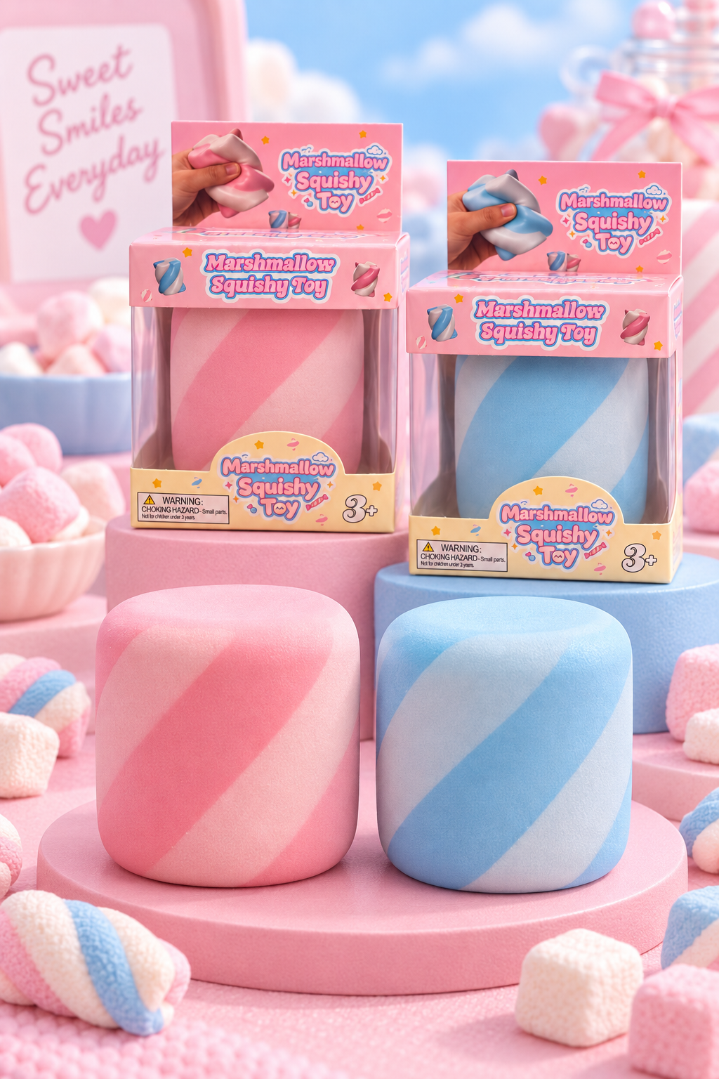 Pink and blue marshmallow squishy toys displayed outside their boxes with matching retail packaging