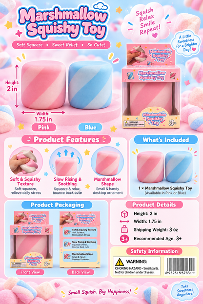 Marshmallow Squishy Toy size and safety guide showing 2 inch height, 1.75 inch width, 3 ounce shipping weight and choking hazard warning