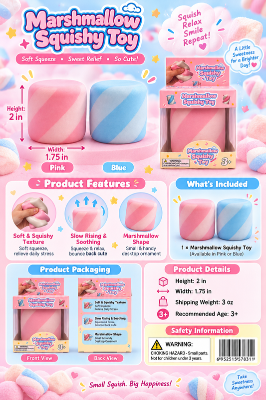 Marshmallow Squishy Toy size and safety guide showing 2 inch height, 1.75 inch width, 3 ounce shipping weight and choking hazard warning