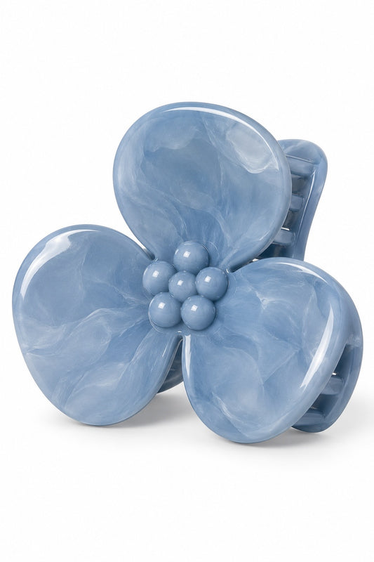 Blue Melody marbled three-petal flower claw hair clip, one clip on white background