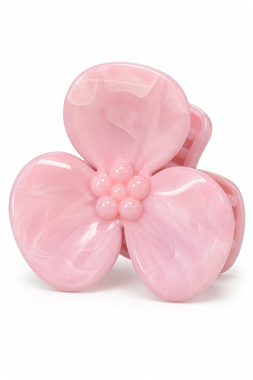 Pink Melody marbled three-petal flower claw hair clip, one clip on white background