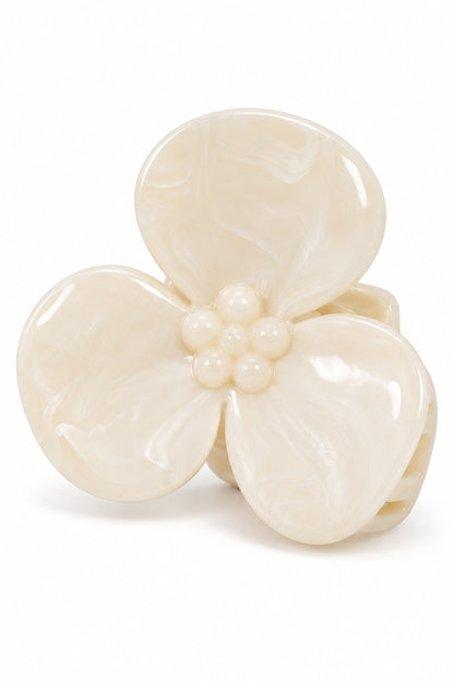 Ivory Melody marbled three-petal flower claw hair clip, one clip on white background