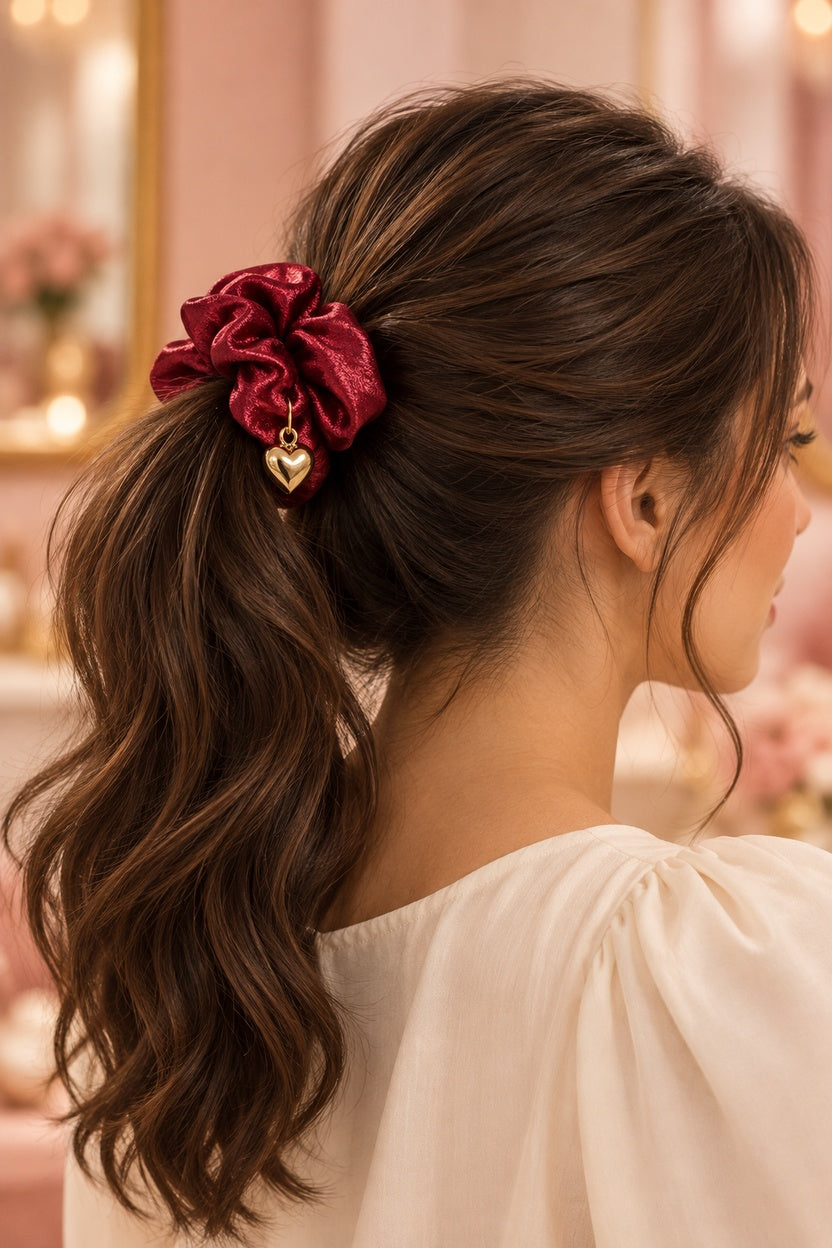 Burgundy Melody heart-charm scrunchie worn in a brunette ponytail
