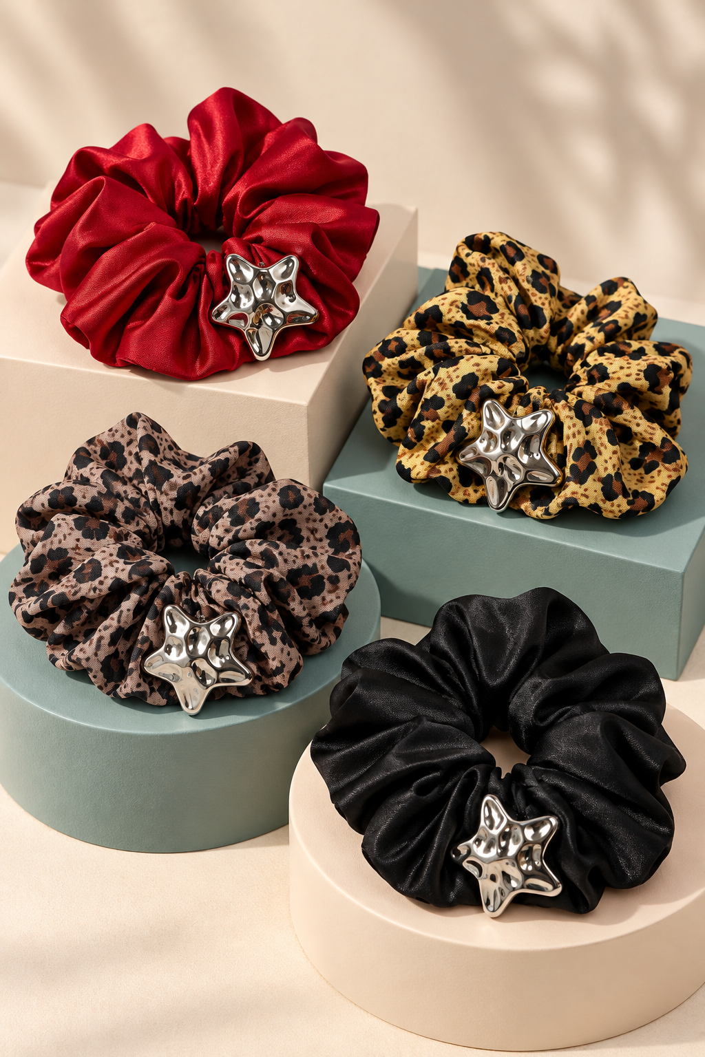 Four Melody star-accent scrunchies in Black, Red, Taupe Leopard and Gold Leopard