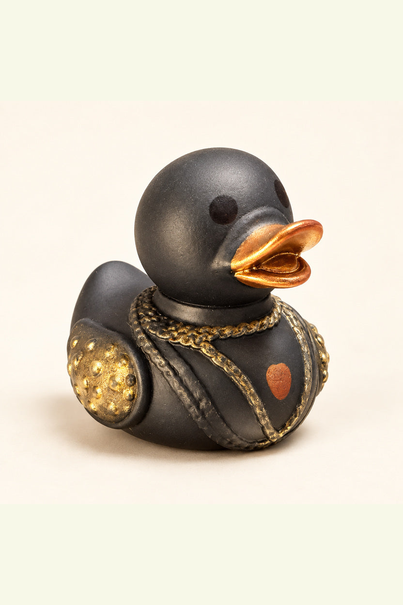 Midas black rubber duck with copper beak and gold textured wings on ivory studio background