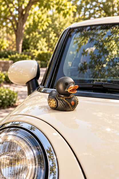 Midas novelty duck on hood outside parked cream MINI