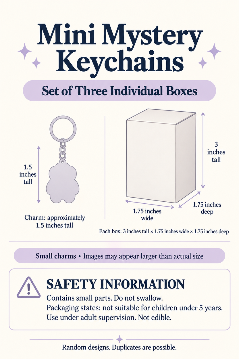 Illustrated size guide: miniature charm approximately 1.5 inches; each box 3 by 1.75 by 1.75 inches; English small-parts warning
