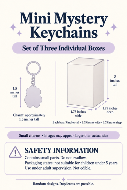 Illustrated size guide: miniature charm approximately 1.5 inches; each box 3 by 1.75 by 1.75 inches; English small-parts warning