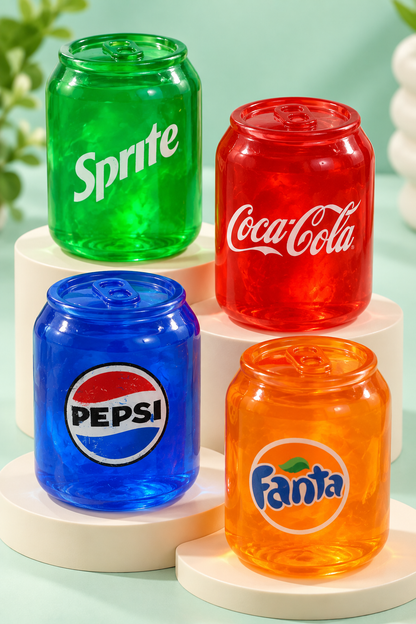 Four mini soda can squishies on a tiered display