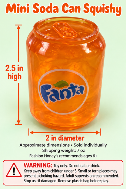 Mini soda can squishy dimensions and ages 6+ safety guidance