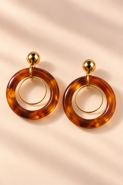 MINT Amber Brown double hoop earring pair with thin gold-tone inner loops and round gold-tone studs