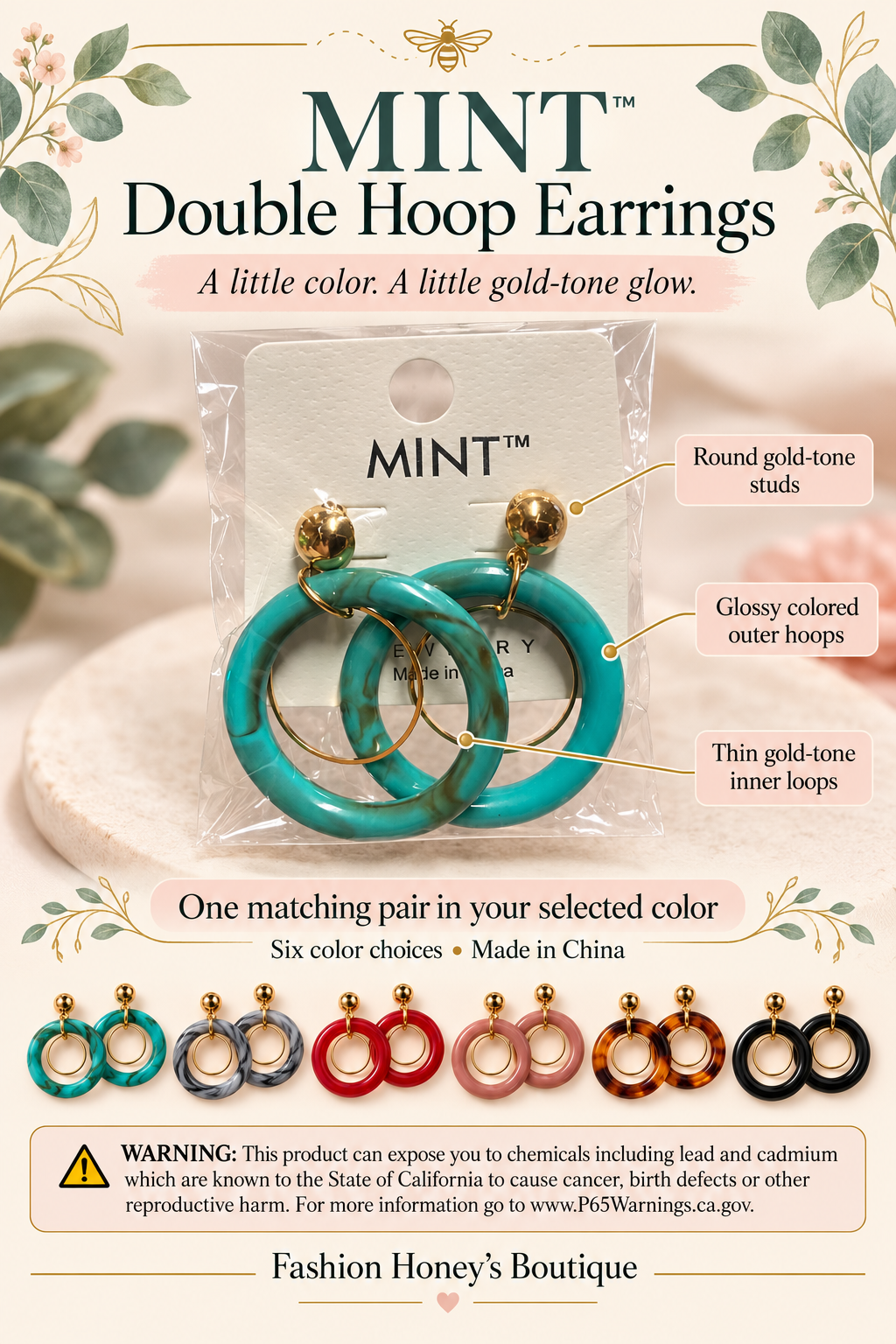 MINT double hoop earrings detail guide with inner gold-tone loops, color choices and package warning