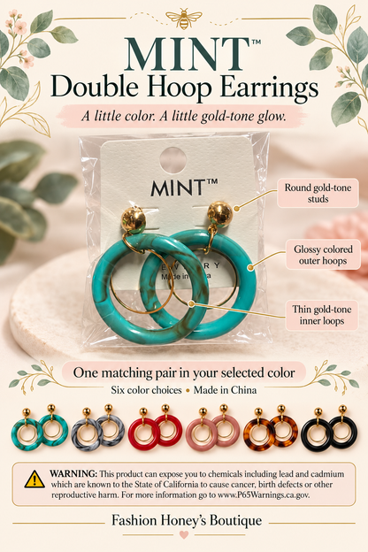 MINT double hoop earrings detail guide with inner gold-tone loops, color choices and package warning
