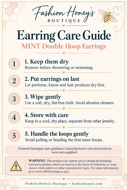 Fashion Honey’s MINT double hoop earring care and storage guide with package warning