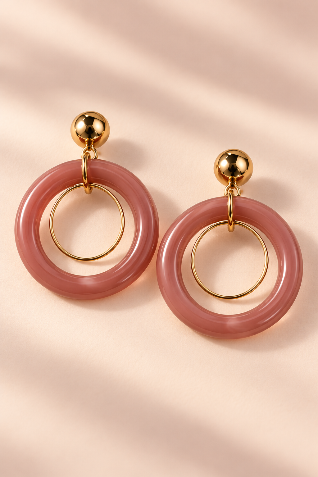 MINT Mauve Pink double hoop earring pair with thin gold-tone inner loops and round gold-tone studs