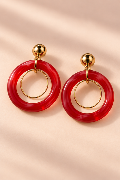 MINT Red double hoop earring pair with thin gold-tone inner loops and round gold-tone studs