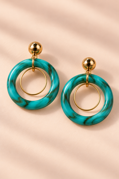MINT Teal double hoop earring pair with thin gold-tone inner loops and round gold-tone studs
