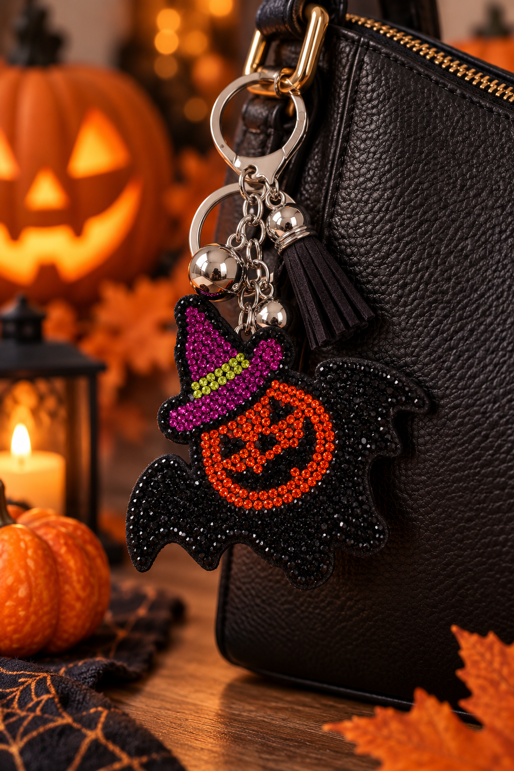 Orange pumpkin Halloween rhinestone keychain with purple hat and black tassel on handbag