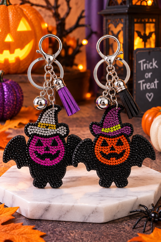 Mint Halloween rhinestone bat pumpkin keychains in purple and orange color variants