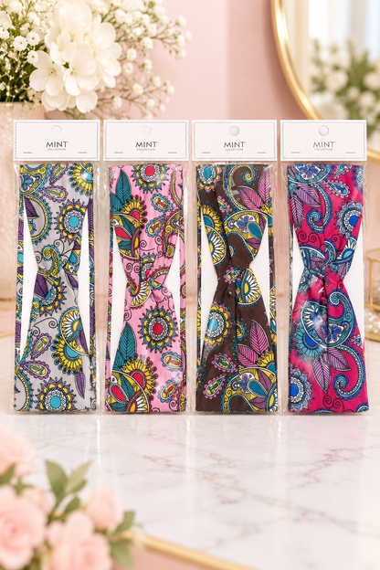 Mint Collection paisley twist headbands four colors gray lavender pink brown fuchsia