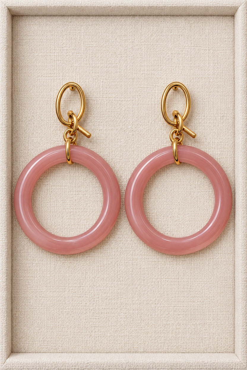 Mauve Pink MINT earrings with single round plastic hoops and gold-tone oval fronts