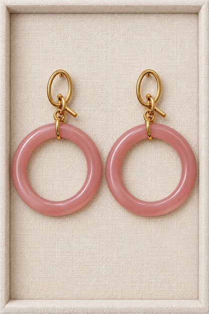 Mauve Pink MINT earrings with single round plastic hoops and gold-tone oval fronts