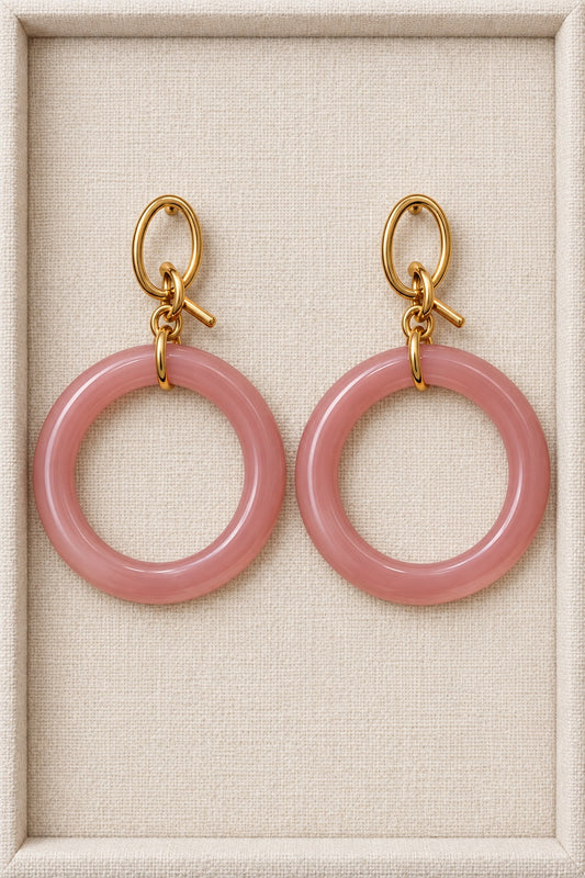 Mauve Pink MINT earrings with single round plastic hoops and gold-tone oval fronts