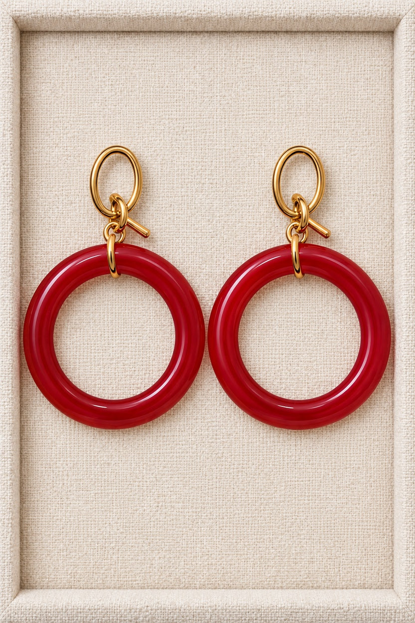 Red MINT earrings with single round plastic hoops and gold-tone oval fronts