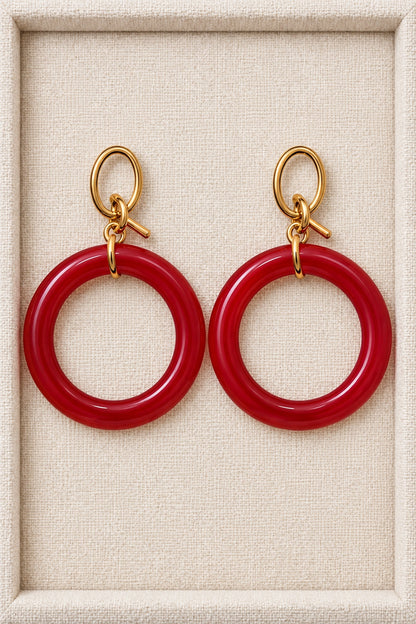 Red MINT earrings with single round plastic hoops and gold-tone oval fronts