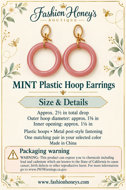 MINT earrings size and details: 2½-inch total drop, 1⅝-inch outer hoop diameter, 1⅛-inch opening and packaging warning