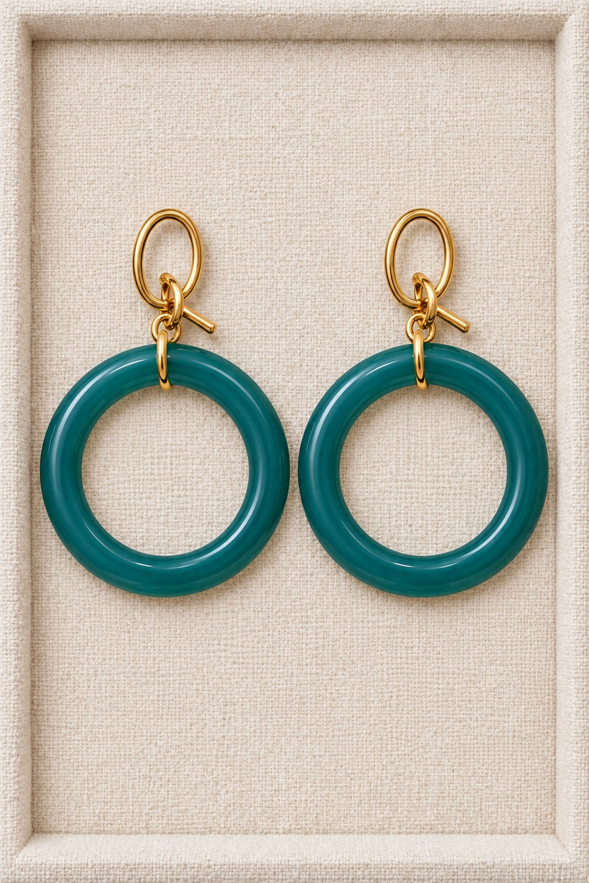 Teal MINT earrings with single round plastic hoops and gold-tone oval fronts