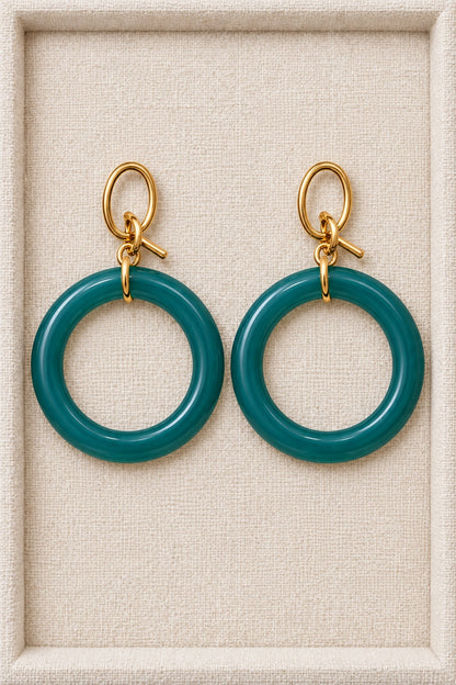 Teal MINT earrings with single round plastic hoops and gold-tone oval fronts