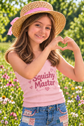 Natalee, Fashion Honey’s Squishy Master, smiling in a straw hat and blush pink tank with her hands forming a heart outdoors.