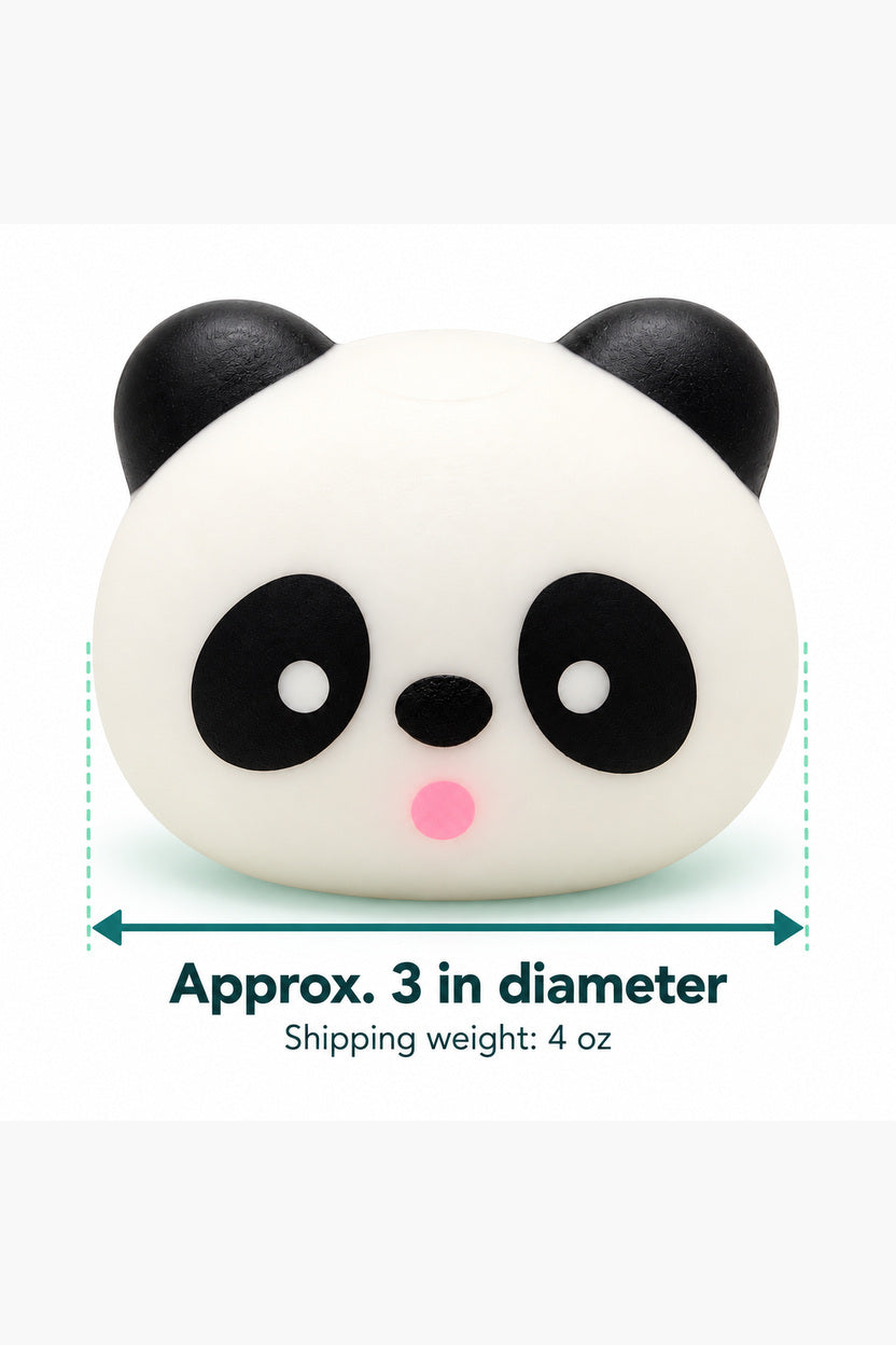 Panda squishy size guide showing approximately three inches and four-ounce shipping weight
