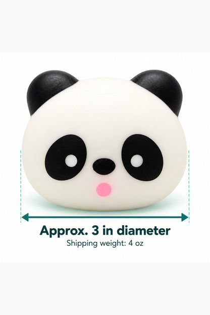 Panda squishy size guide showing approximately three inches and four-ounce shipping weight