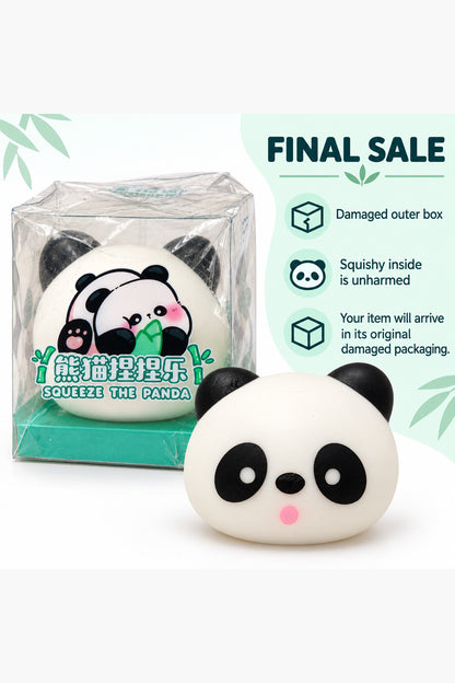 Condition notice showing unharmed panda squishy with damaged outer box