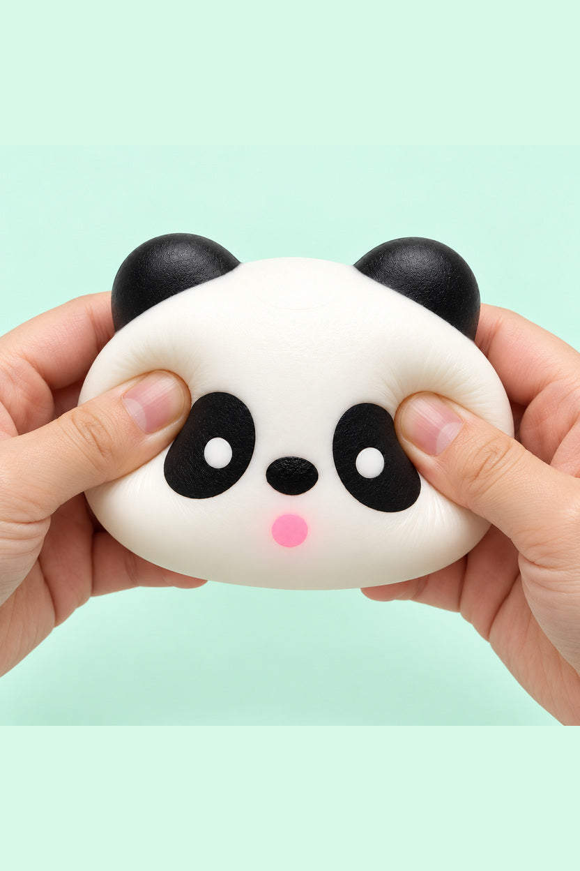 Panda head sensory squishy shown under a gentle squeeze