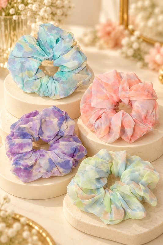 Four pastel scrunchie colors on a boutique display; one selected scrunchie sold