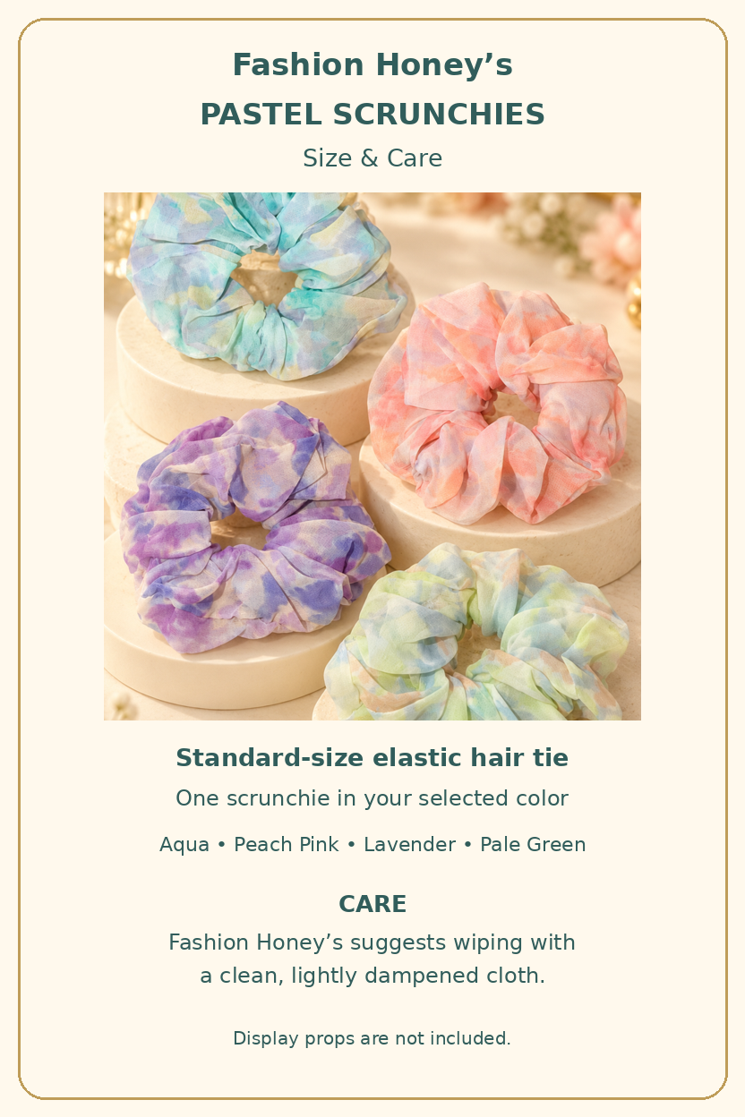 Pastel scrunchie standard size, color choices and Fashion Honey’s care guide